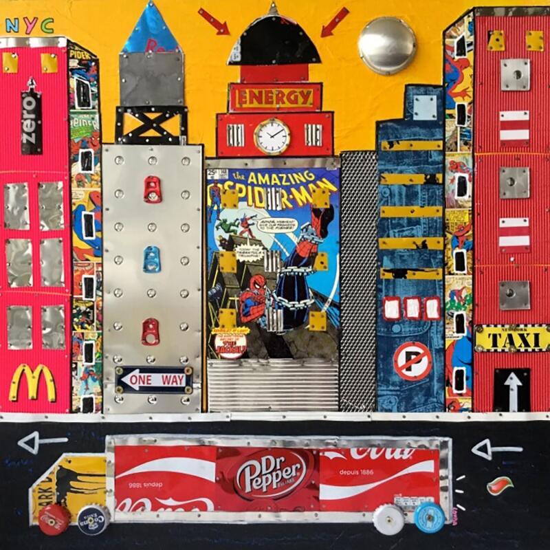 Peinture Chained par Lovisa | Tableau Pop-art Urbain Bois Métal Acrylique Collage Posca Upcycling Papier