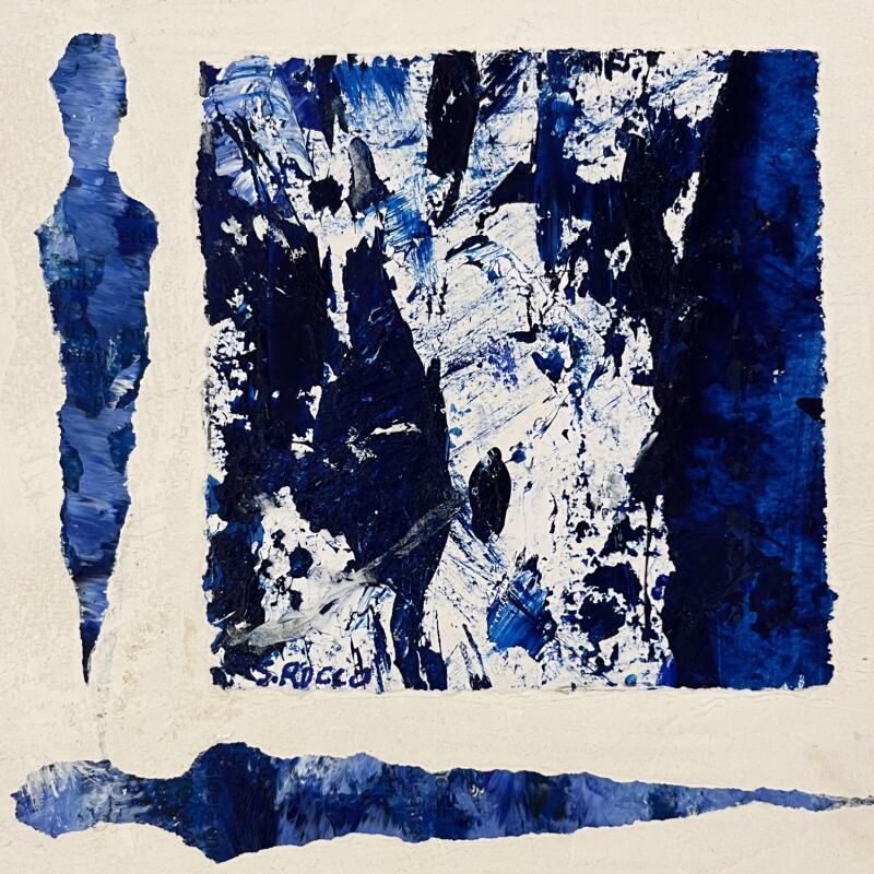 Peinture Le ménage bleu par Rocco Sophie | Tableau Art Singulier Acrylique Collage Sable