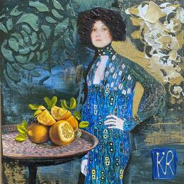Gemälde Lady blue von Romanelli Karine | Gemälde Figurativ Acryl, Blattgold, Collage, Papier, Pastell, Posca Alltagsszenen, Porträt