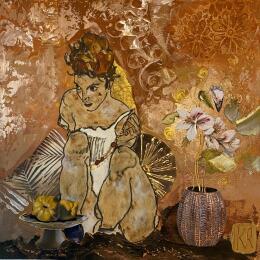 Painting Un air D’Egon by Romanelli Karine | Painting Figurative Acrylic, Gluing, Gold leaf, Paper, Pastel, Posca Life style