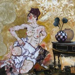 Gemälde Edith  von Romanelli Karine | Gemälde Figurativ Acryl, Blattgold, Collage, Papier, Pastell, Posca Akt, Alltagsszenen