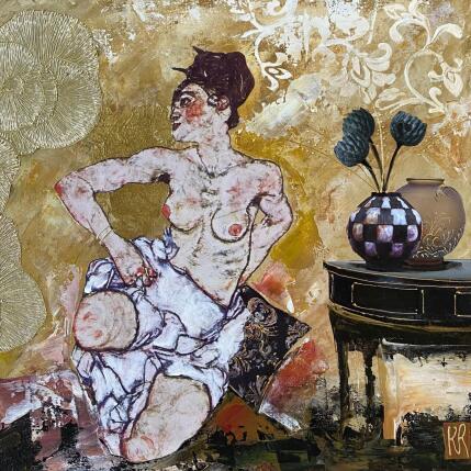 Peinture Edith par Romanelli Karine | Tableau Figuratif Acrylique, Collage, Feuille d'or, Papier, Pastel, Posca Nu, Scènes de vie