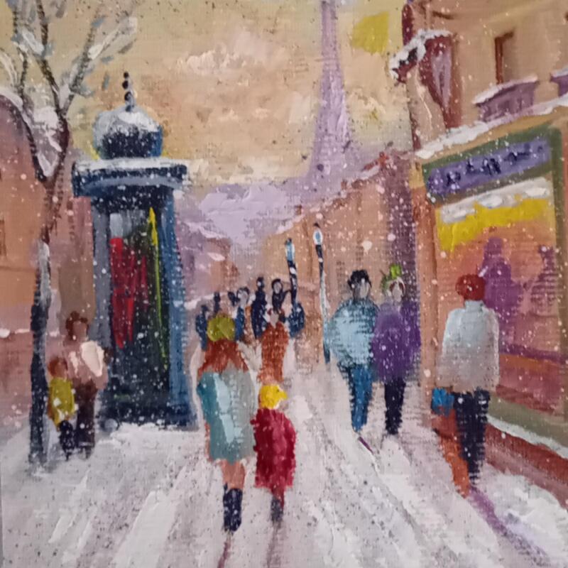 Painting Il neige sur Paris by Degabriel Véronique | Painting Figurative Landscapes Urban Life style Oil
