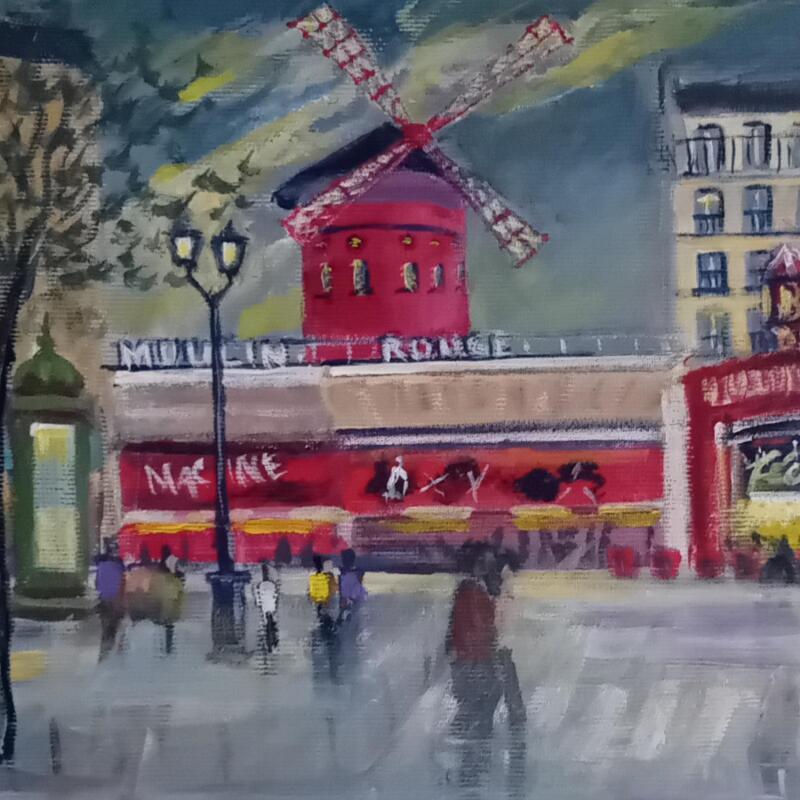 Peinture Le moulin rouge jour d'orage par Degabriel Véronique | Tableau Figuratif Paysages Urbain Scènes de vie Huile