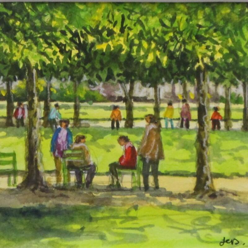 Peinture Paris, les chaises des Tuileries par Decoudun Jean charles | Tableau Figuratif Urbain Aquarelle