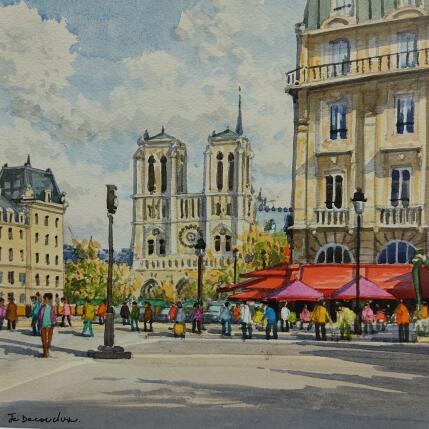 Peinture Paris, Notre-Dame vue de la place St Michel  par Decoudun Jean charles | Tableau Figuratif Aquarelle Urbain