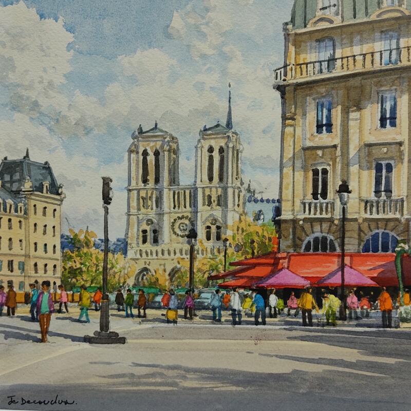 Painting Paris, Notre-Dame vue de la place St Michel  by Decoudun Jean charles | Painting Figurative Urban Watercolor