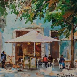 Peinture Terrasse du Café par Novokhatska Olga | Tableau Figuratif Acrylique, Huile Urbain