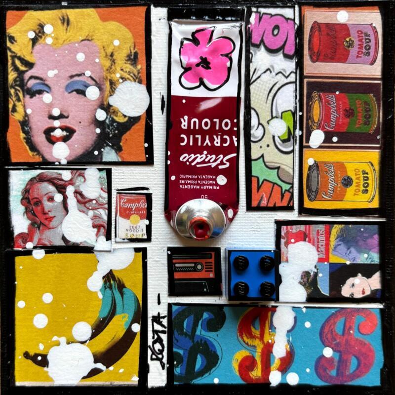 Gemälde Tribute to Warhol (fleurs) von Costa Sophie | Gemälde Pop-Art Pop-Ikonen Acryl Collage Upcycling