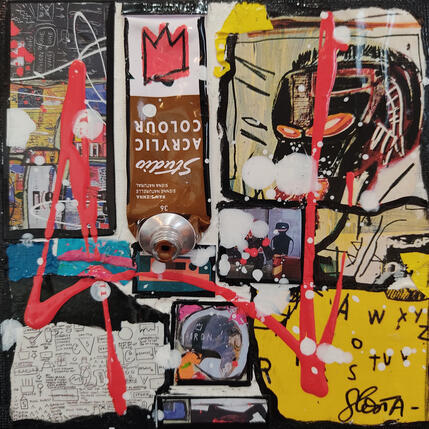 Painting Tribute to Basquiat (brown) by Costa Sophie | Painting Pop-art Acrylic, Gluing, Upcycling Pop icons