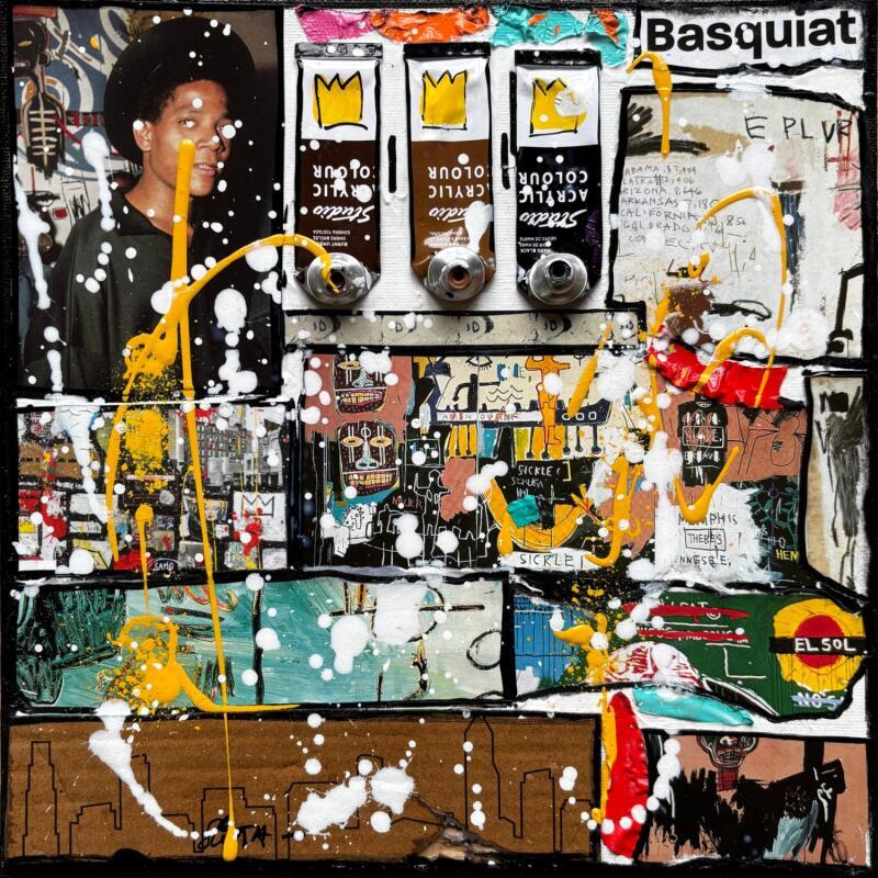 Gemälde Tribute to Basquiat (brown) von Costa Sophie | Gemälde Pop-Art Pop-Ikonen Acryl Collage Upcycling