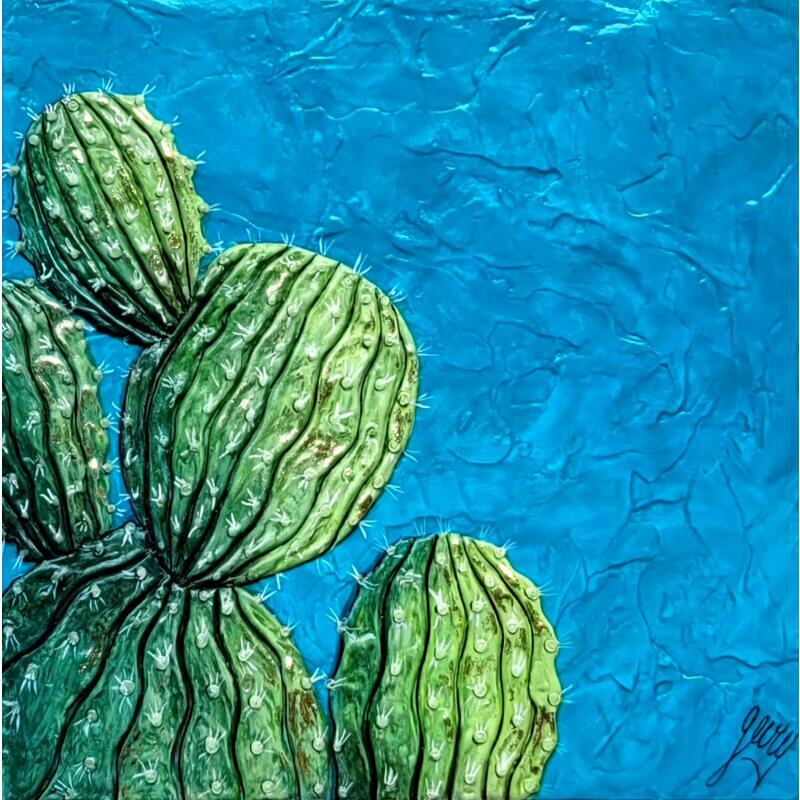 Peinture CACTUS AZUL par Geiry | Tableau Matiérisme Nature Pigments Poudre de marbre