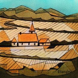 Peinture 2 maisons, une église par Langlois Jean-Luc | Tableau Figuratif Aquarelle Paysages