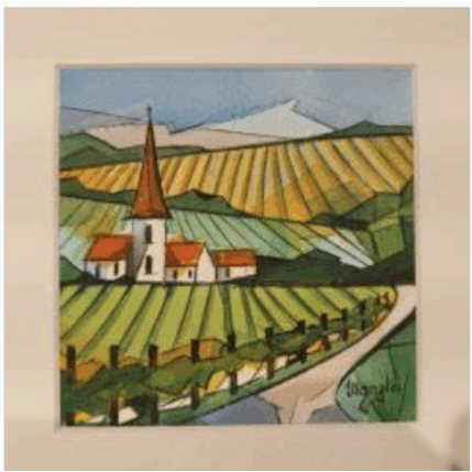 Gemälde 3 maisons, une église von Langlois Jean-Luc | Gemälde Figurativ Aquarell Landschaften