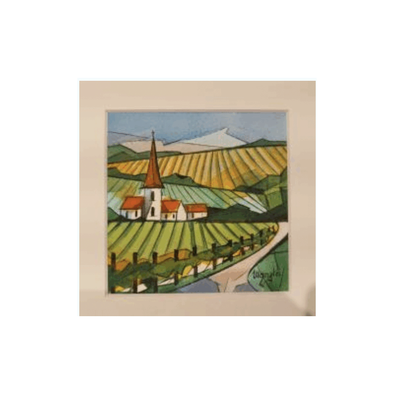 Painting 3 maisons, une église by Langlois Jean-Luc | Painting Figurative Landscapes Watercolor