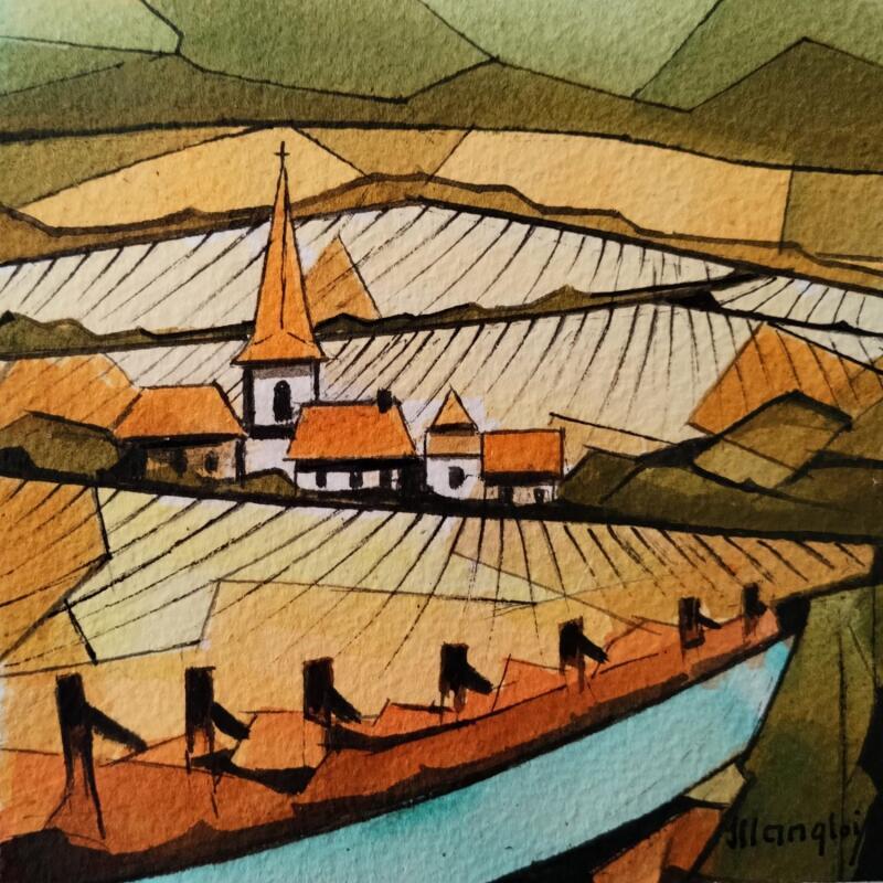 Peinture 4 maisons, une église par Langlois Jean-Luc | Tableau Figuratif Paysages Aquarelle