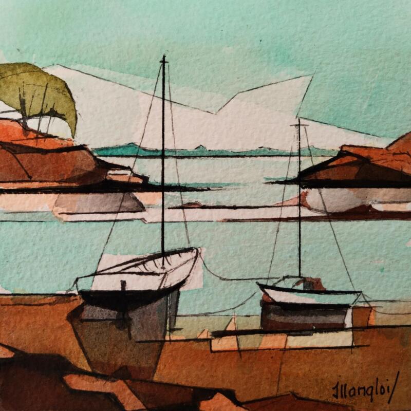 Peinture 2 bateaux par Langlois Jean-Luc | Tableau Figuratif Marine Aquarelle