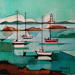 Painting 4 bateaux by Langlois Jean-Luc | Painting Figurative Watercolor Marine