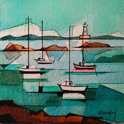 Gemälde 4 bateaux von Langlois Jean-Luc | Gemälde Figurativ Aquarell Marine