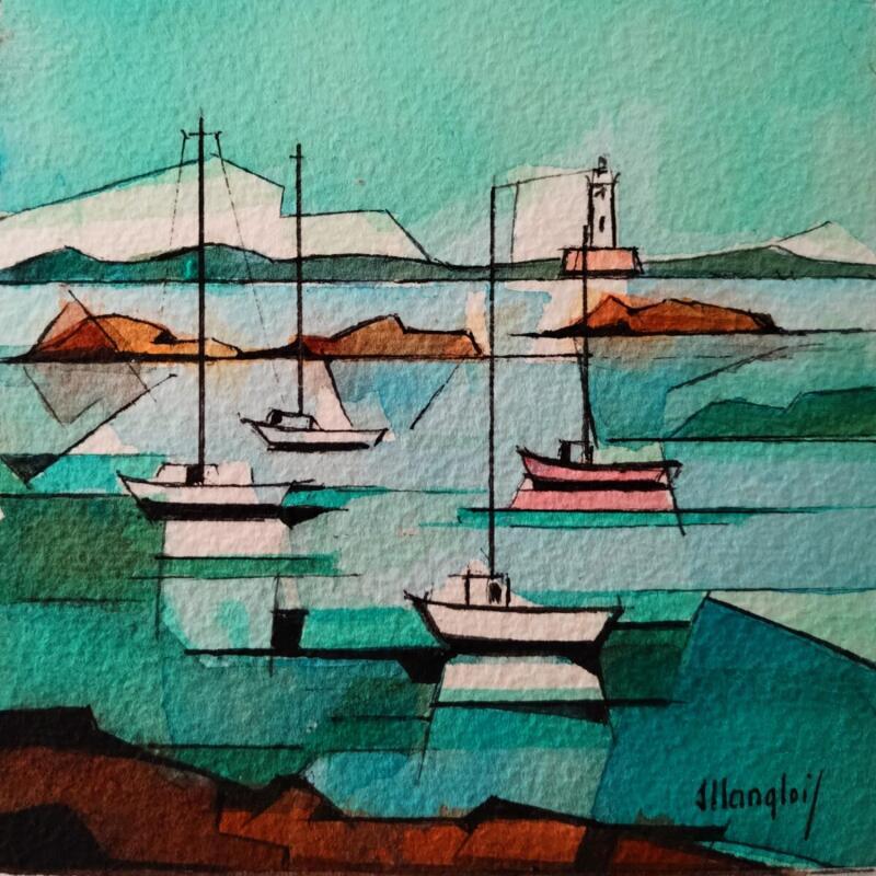 Painting 4 bateaux by Langlois Jean-Luc | Painting Figurative Marine Watercolor