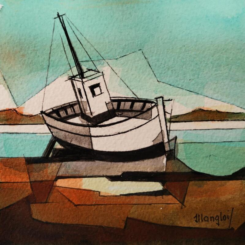 Painting Un bateau de pêche by Langlois Jean-Luc | Painting Figurative Marine Watercolor