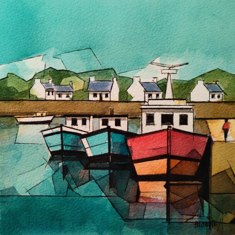Peinture 3 bateaux à quai par Langlois Jean-Luc | Tableau Figuratif Marine Aquarelle