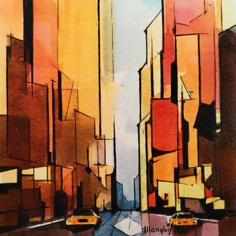 Peinture NEW-YORK, 2 voitures par Langlois Jean-Luc | Tableau Figuratif Urbain Aquarelle