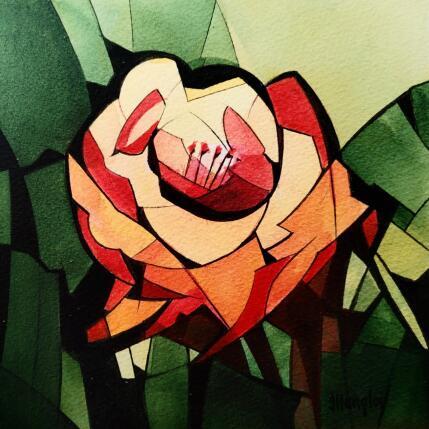 Painting Fleur, fond vert by Langlois Jean-Luc | Painting Figurative Watercolor Nature, Pop icons