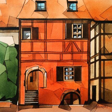 Painting Maison orange by Langlois Jean-Luc | Painting Figurative Watercolor Urban