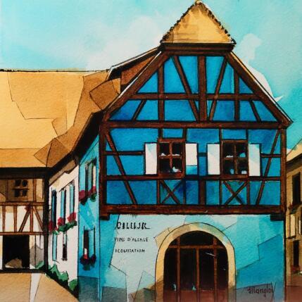 Peinture Maison, bleu clair par Langlois Jean-Luc | Tableau Figuratif Aquarelle Urbain
