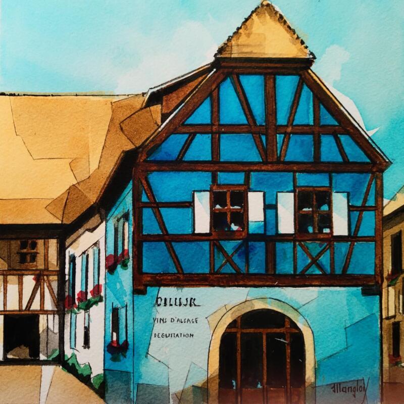 Pintura Maison, bleu clair por Langlois Jean-Luc | Pintura Figurativo Urbano Acuarela