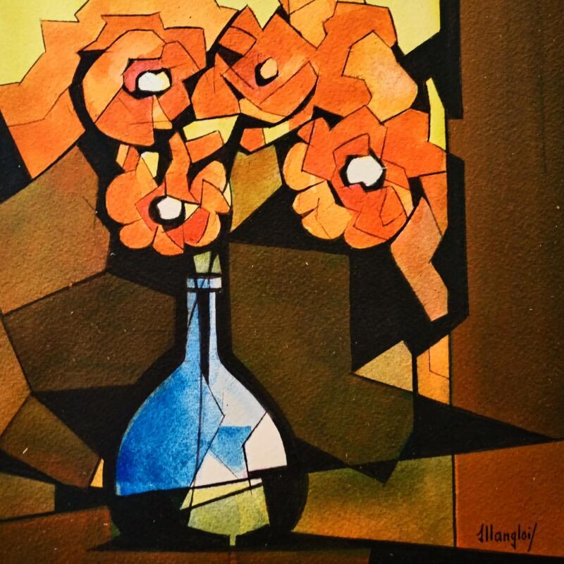 Painting Vase bleu by Langlois Jean-Luc | Painting Figurative Nature Watercolor