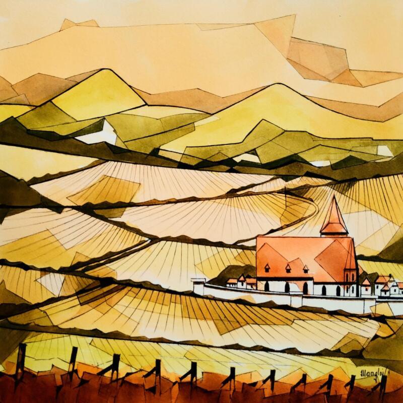 Gemälde Automne dans les vignes von Langlois Jean-Luc | Gemälde Figurativ Landschaften Aquarell