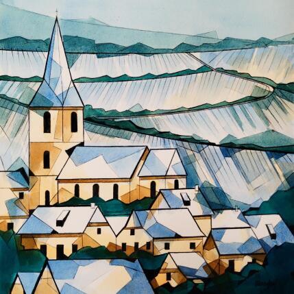 Gemälde Neige dans les vignes von Langlois Jean-Luc | Gemälde Figurativ Aquarell Landschaften