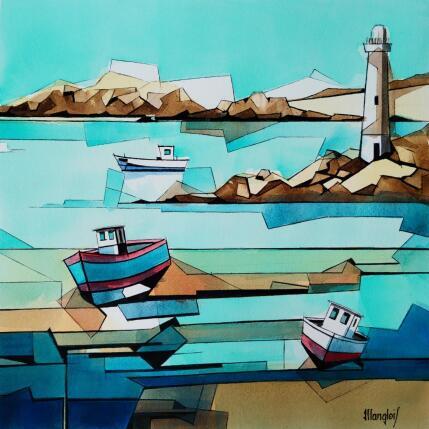 Painting 3 bateaux, phare by Langlois Jean-Luc | Painting Figurative Watercolor Marine