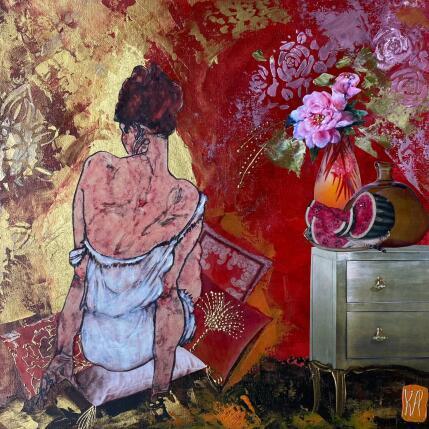 Peinture Carla  par Romanelli Karine | Tableau Figuratif Acrylique, Collage, Feuille d'or, Papier, Pastel, Posca Nu, Scènes de vie