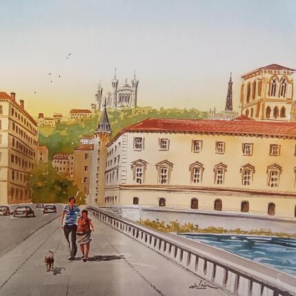 Peinture Promenade sur le pont par De León Lévi Marcelo | Tableau Figuratif Aquarelle Urbain