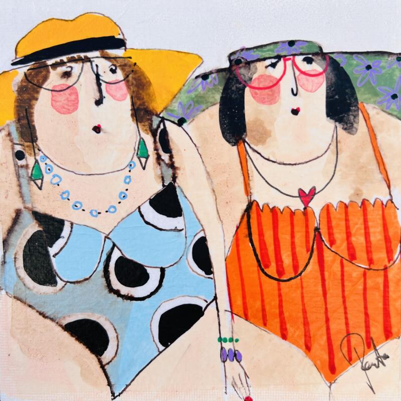 Gemälde Marguerite et Colette von Colombo Cécile | Gemälde Naive Kunst Porträt Aquarell Acryl Collage Tinte Pastell