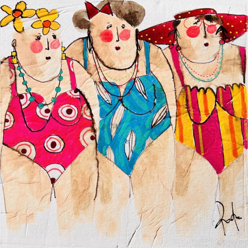 Gemälde Micheline, Bernadette, Yvonne von Colombo Cécile | Gemälde Naive Kunst Porträt Aquarell Acryl Collage Tinte Pastell
