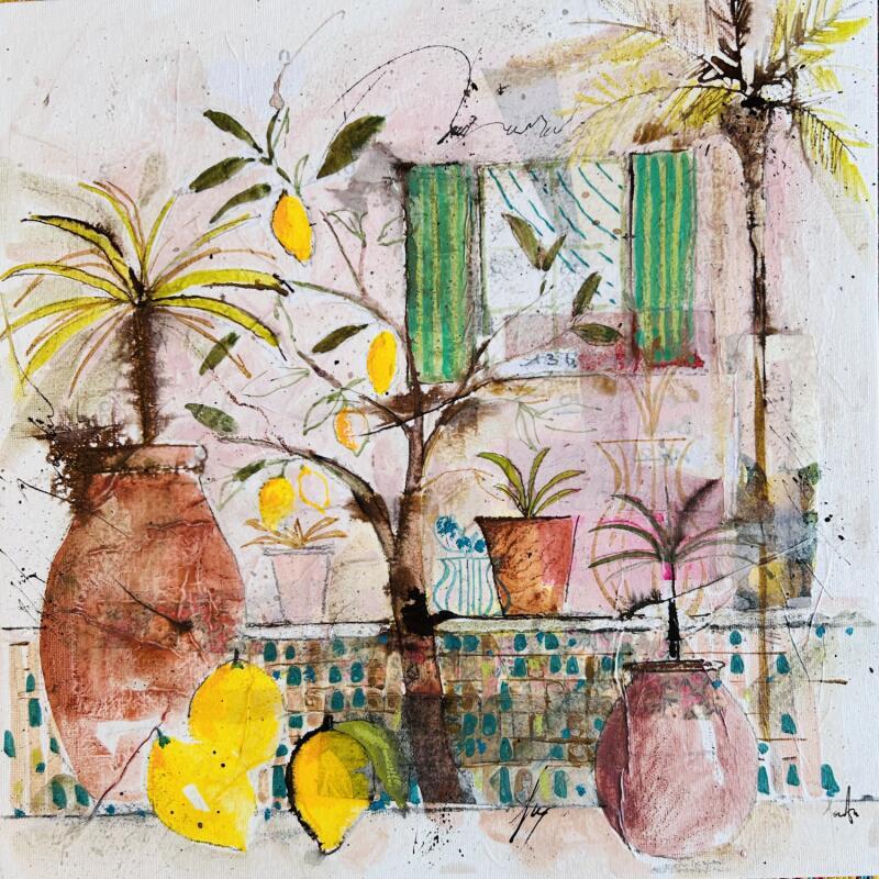 Painting Rose thé by Colombo Cécile | Painting Naive art Landscapes Watercolor Acrylic Gluing Ink Pastel