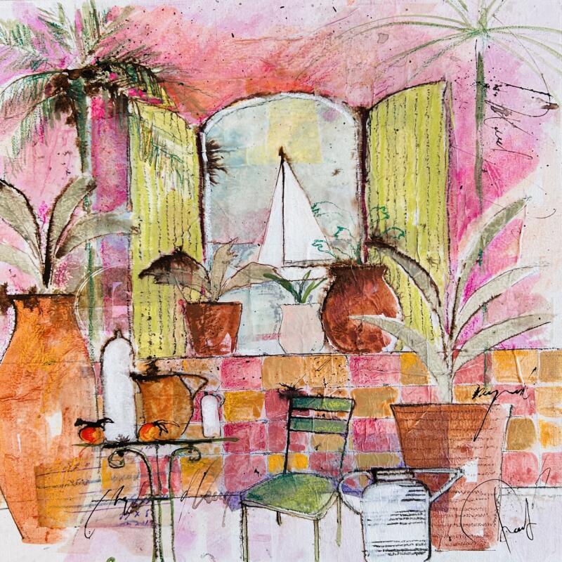 Peinture Rose du soir par Colombo Cécile | Tableau Art naïf Paysages Aquarelle Acrylique Collage Encre Pastel