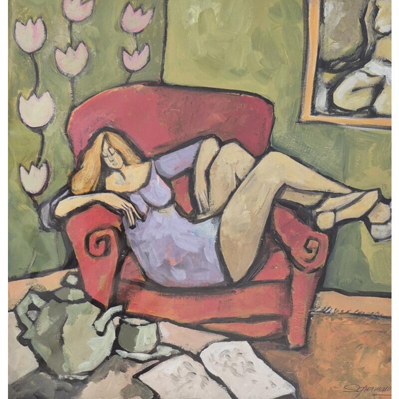 Peinture Sieste entre deux chapitres par Signamarcheix Bernard | Tableau Art naïf Acrylique Encre Pastel