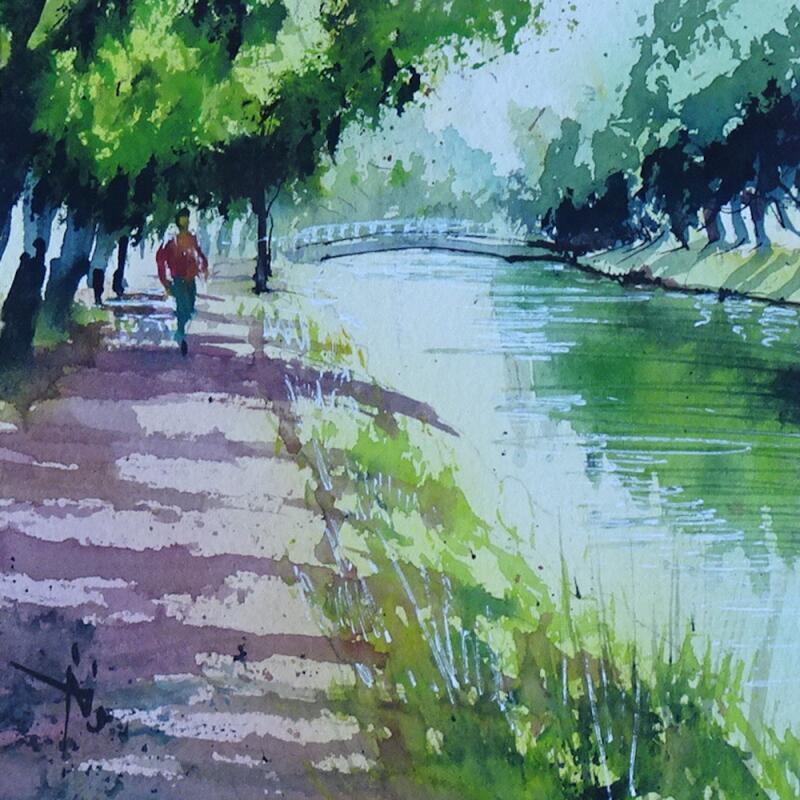 Peinture Calme Canal par Abbatucci Violaine | Tableau Figuratif Aquarelle