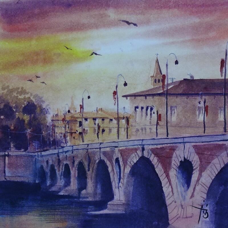 Painting Purple Bridge by Abbatucci Violaine | Painting Figurative Watercolor