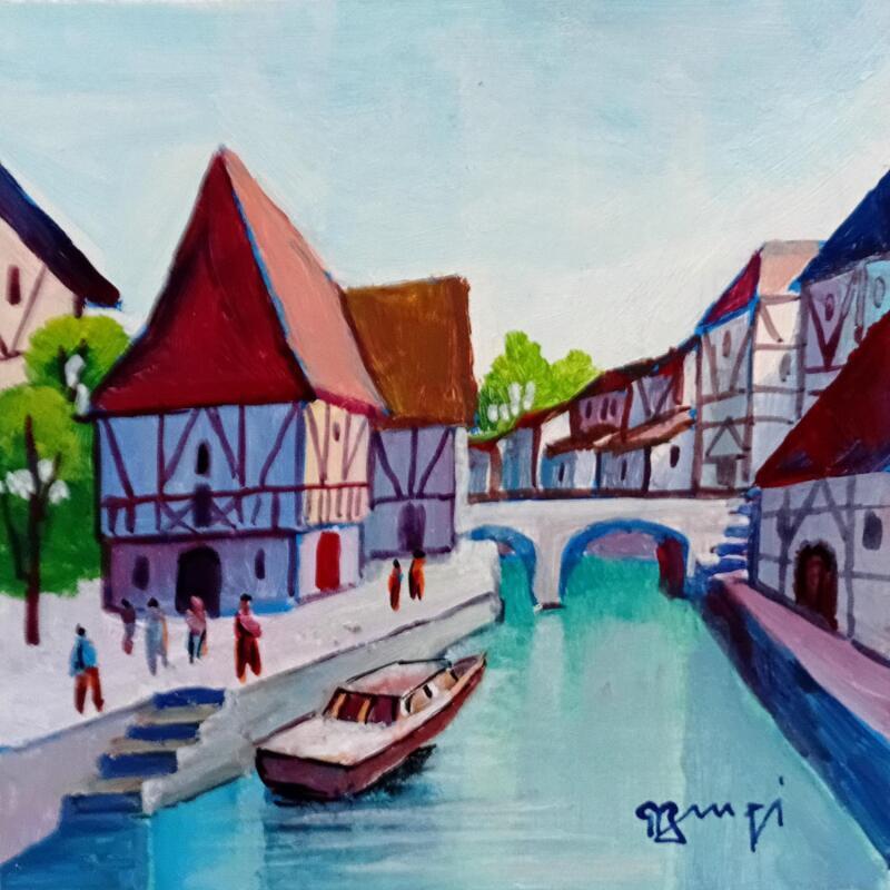 Painting AR115 PROMENADE EN BATEAU by Burgi Roger | Painting Figurative Urban Marine Life style Acrylic