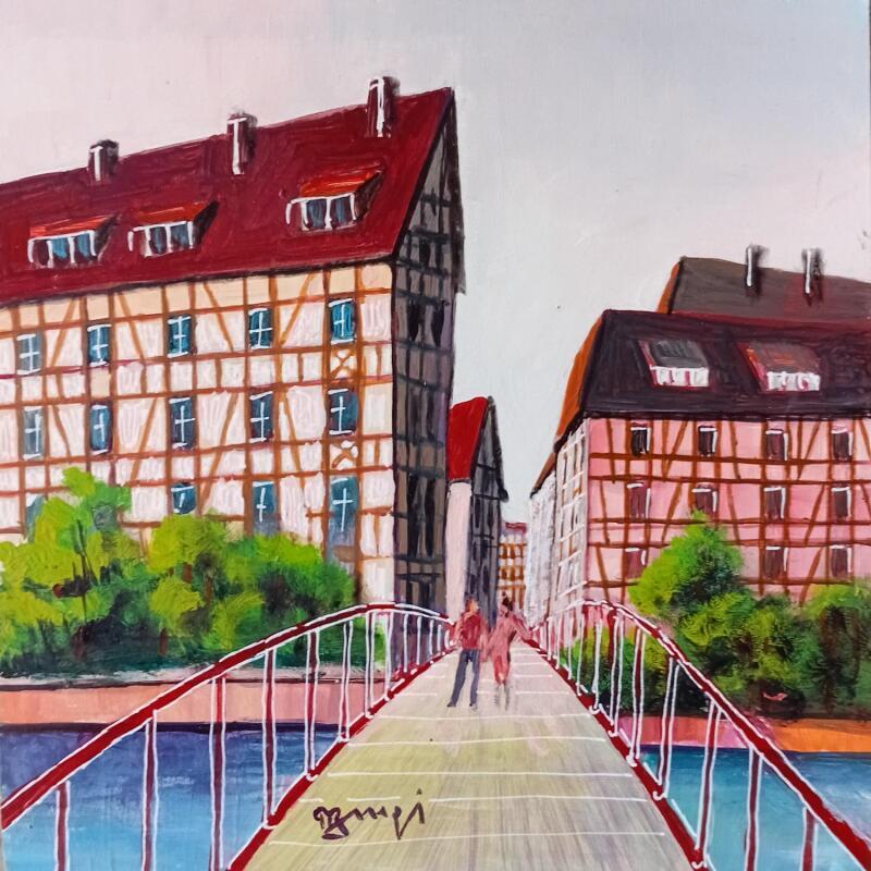 Painting AN183 SUR LE PONT by Burgi Roger | Painting Figurative Urban Life style Architecture Acrylic