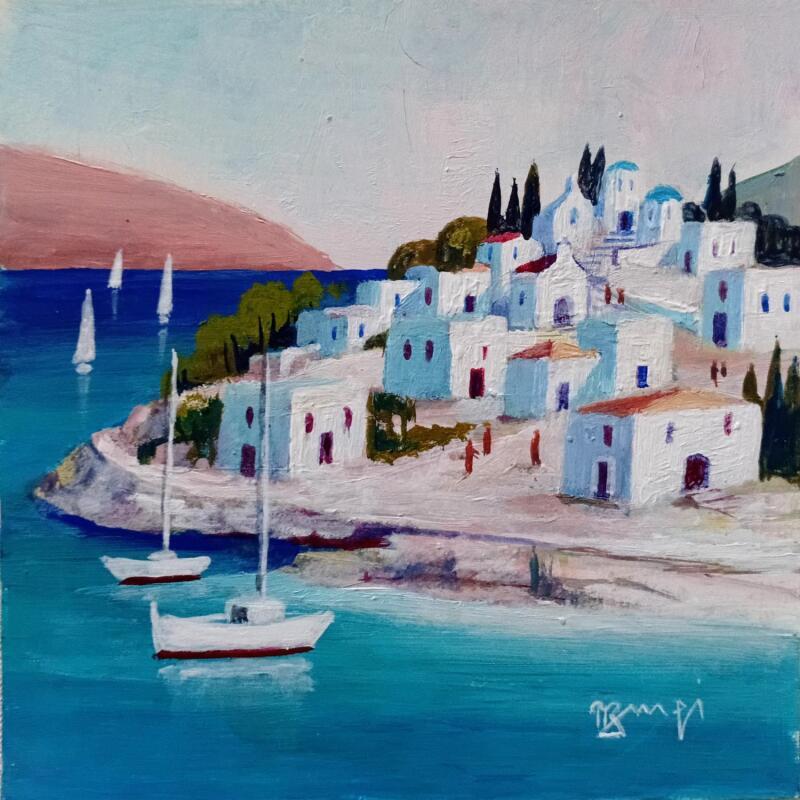 Painting AR106 GRECE  VILLAGE AUX VOILIERS by Burgi Roger | Painting Figurative Landscapes Urban Marine Acrylic