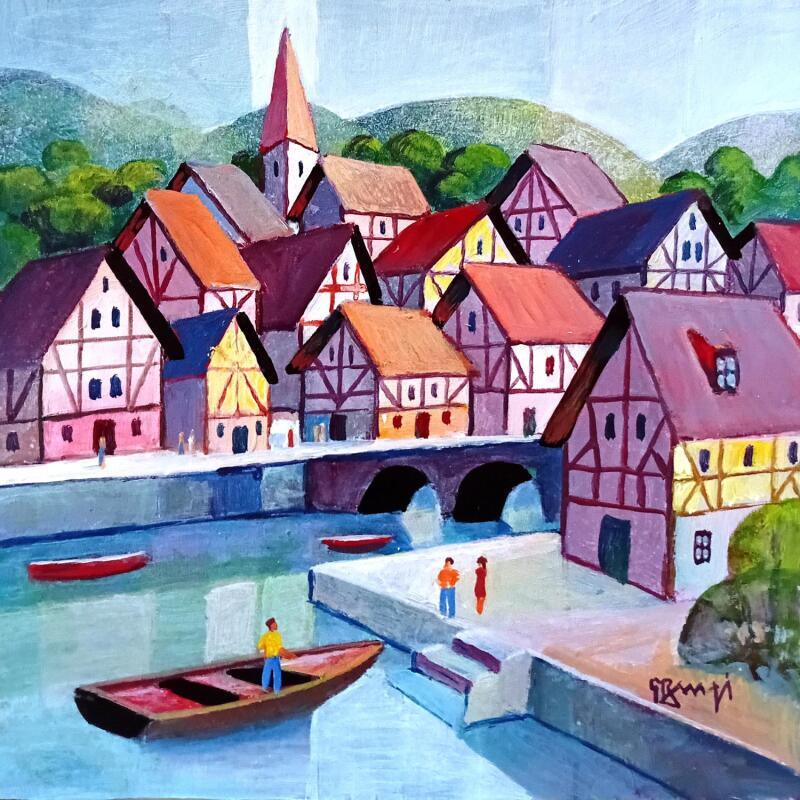 Painting AR102 ALSACE  LES TROIS BARQUES by Burgi Roger | Painting Figurative Urban Life style Architecture Acrylic