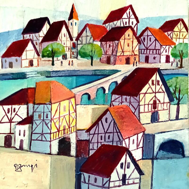 Painting AR104 ALSACE  LES DEUX PONTS by Burgi Roger | Painting Figurative Urban Marine Architecture Acrylic