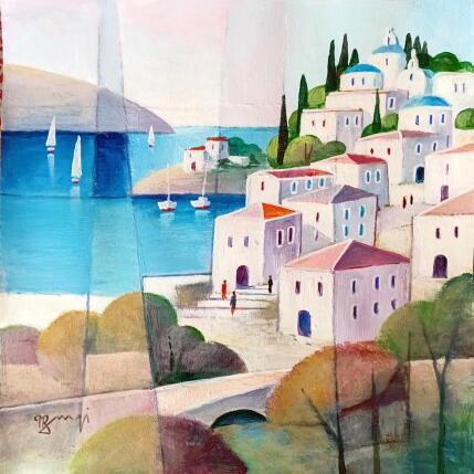 Painting AR120 GRECE  VILLAGE DE KEPHALONIA by Burgi Roger | Painting Figurative Acrylic Landscapes, Marine, Urban